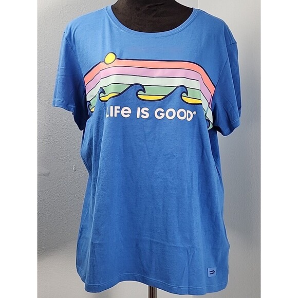 New Life is Good Retro Wave Stripe XLarge Women's Blue SS Crusher Lite Tee - Picture 1 of 14
